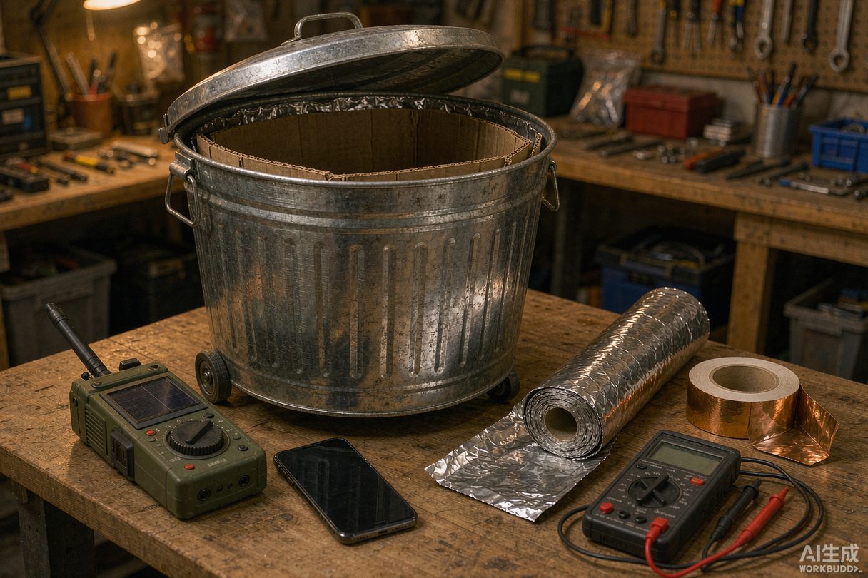 DIY Faraday cage materials on a workbench: galvanized trash can, aluminum foil, copper tape, and a multimeter